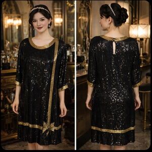 Vintage Art Deco Black and Gold Sequin Dress